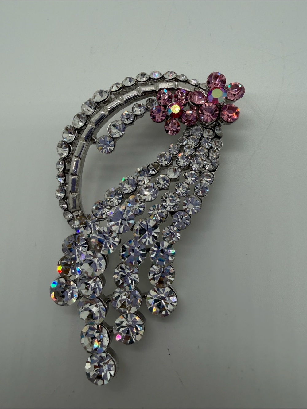 Crystal Tassel Brooch with Pink Flower Accent